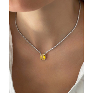 WHITE ZIRCONIA TENNIS CHAIN WITH A SQUARE HONEY ZIRCONIA NECKLACE