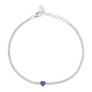PULSERA CADENA TENIS DE MINI CIRCONITAS BLANCAS CON CORAZÓN AZUL ZAFIRO