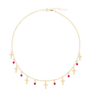 MINI SMOOTH CROSSES WITH RUBY BEADS CHARM NECKLACE