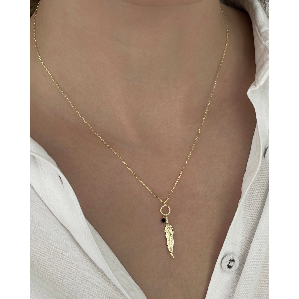 FEATHER WITH BLACK BEAD PENDANT NECKLACE