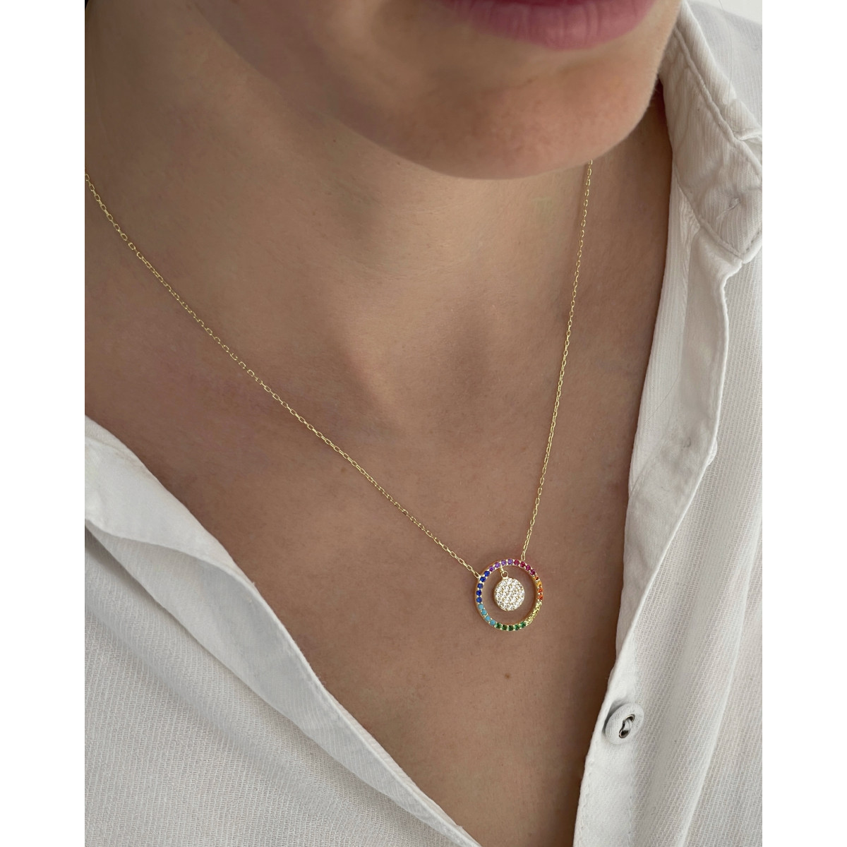 MULTICOLOR HOOP WITH MINI WHITE PAVE SPHERE INSIDE PENDANT NECKLACE