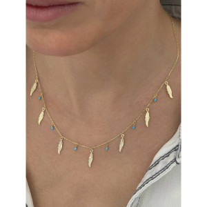 FEATHERS WITH TURQUOISE BEADS CHARM NECKLACE
