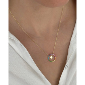MULTICOLOR HOOP WITH ROUND INNER PLATE PENDANT NECKLACE