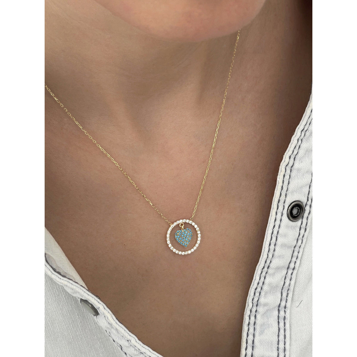 WHITE HOOP WITH TURQUOISE INNER HEART PENDANT NECKLACE