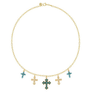 BIG TURQUOISE AND WHITE CROSSES IN A BIG LINK CHAIN CHARM NECKLACE