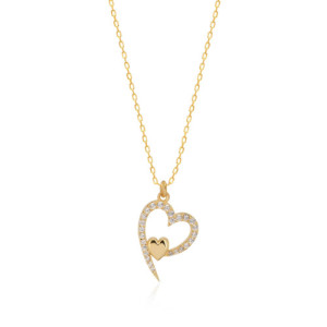 OPEN WHITE HEART WITH A SMOOTH MINI HEART PENDANT NECKLACE