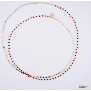 RUBY AGATE WITH OVAL MINI PLATES ROSARY LONG NECKLACE