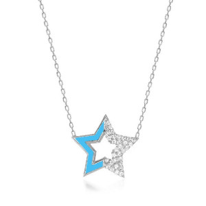 BLUE ENAMEL AND WHITE ZIRCONIA STAR PENDANT NECKLACE