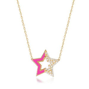 FUCHSIA ENAMEL AND WHITE ZIRCONIA STAR PENDANT NECKLACE