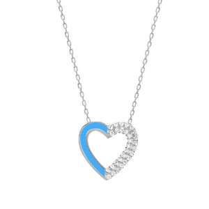 BLUE ENAMEL AND WHITE ZIRCONIA HEART PENDANT NECKLACE