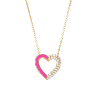 FUCHSIA ENAMEL AND WHITE ZIRCONIA HEART PENDANT NECKLACE