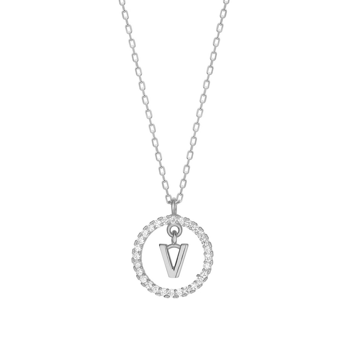 NECKLACE WITH LETTER V AND WHITE HOOP PENDANT
