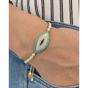 ADJUSTABLE BRACELET WITH BIG TURQUOISE PROFILED WITH BLACK LUCKY EYE