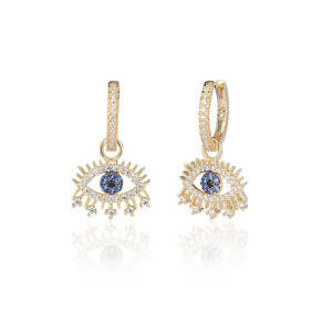 LUCKY EYE IN WHITE AND TURQUOISE ZIRCONIA PENDANT MINI HOOP EARRINGS