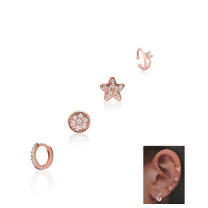 SET DE 4 PIERCINGS: MINI ARO, ESFERA, ESTRELLA Y EARCUFF DOBLE ARO. BLANCO.