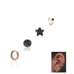 SET OF 4 PIERCINGS: MINI HOOP, SPHERE, STAR, AND DOUBLE HOOP EARCUFF. BLACK.