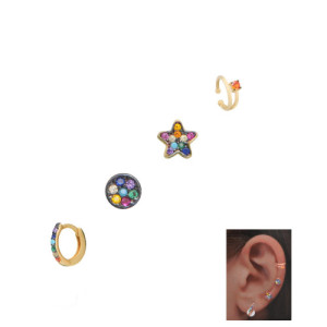 SET DE 4 PIERCINGS: MINI ARO, ESFERA, ESTRELLA Y EARCUFF DOBLE ARO. MULTICOLOR.