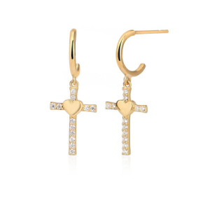 PENDIENTES MINI ARO CRUZ MEDIANA COLGANTE DE CIRCONITA BLANCA CON CORAZÓN LISO