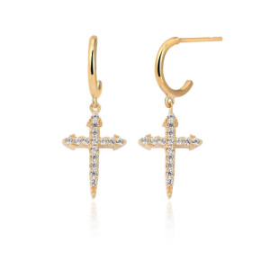 MEDIUM CROSS IN WHITE ZIRCONIA MINI HOOP EARRINGS