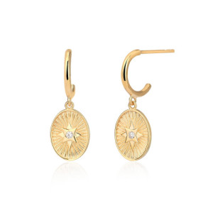 OVAL-SHAPED MEDALLION WITH STAR AND WHITE ZIRCONIA MINI HOOP EARRINGS