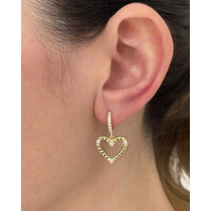 BRAIDED HEART WITH WHITE ZIRCONIA PENDANT MINI HOOP EARRINGS