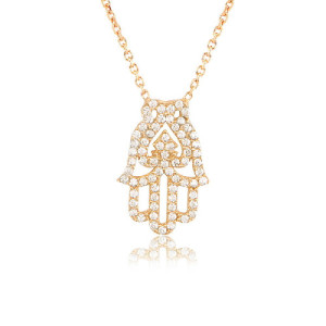 MEDIUM SIZE HAMSA HAND IN WHITE ZIRCONIA PENDANT NECKLACE