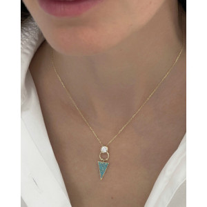 WHITE ZIRCONIA WITH TURQUOISE TRIANGLE AND HOOP PENDANT NECKLACE