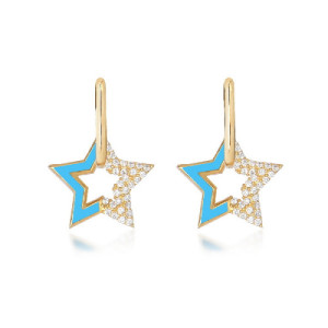 BLUE ENAMEL AND WHITE ZIRCONIA STAR PENDANT HOOP EARRINGS