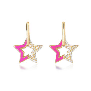 PENDIENTES ARO LISO CON ESTRELLA COLGANTE DE ESMALTE FUCSIA Y CIRCONITA BLANCA