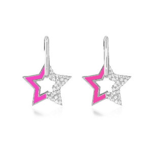 FUCHSIA ENAMEL AND WHITE ZIRCONIA STAR PENDANT HOOP EARRINGS