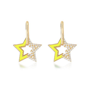 YELLOW ENAMEL AND WHITE ZIRCONIA STAR PENDANT HOOP EARRINGS