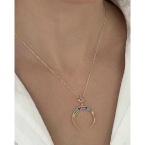 LARGE MULTICOLOR MOON PENDANT NECKLACE